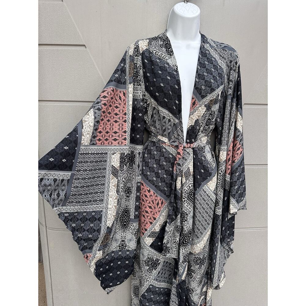 Jennafer Grace Handmade Belted Kimono Duster In Earl Grey Scarf Patchwork Boho L - Picture 3 of 11